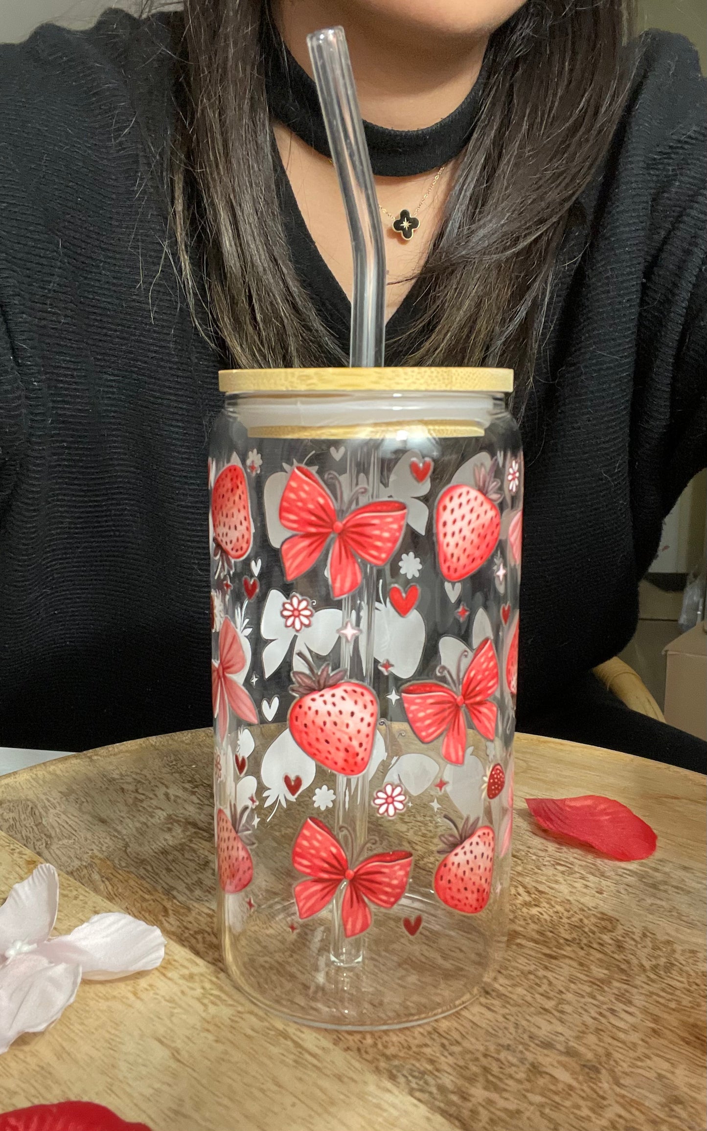 ⭐️ Tasse en verre - Fraise & Noeud rouge - 16 OZ