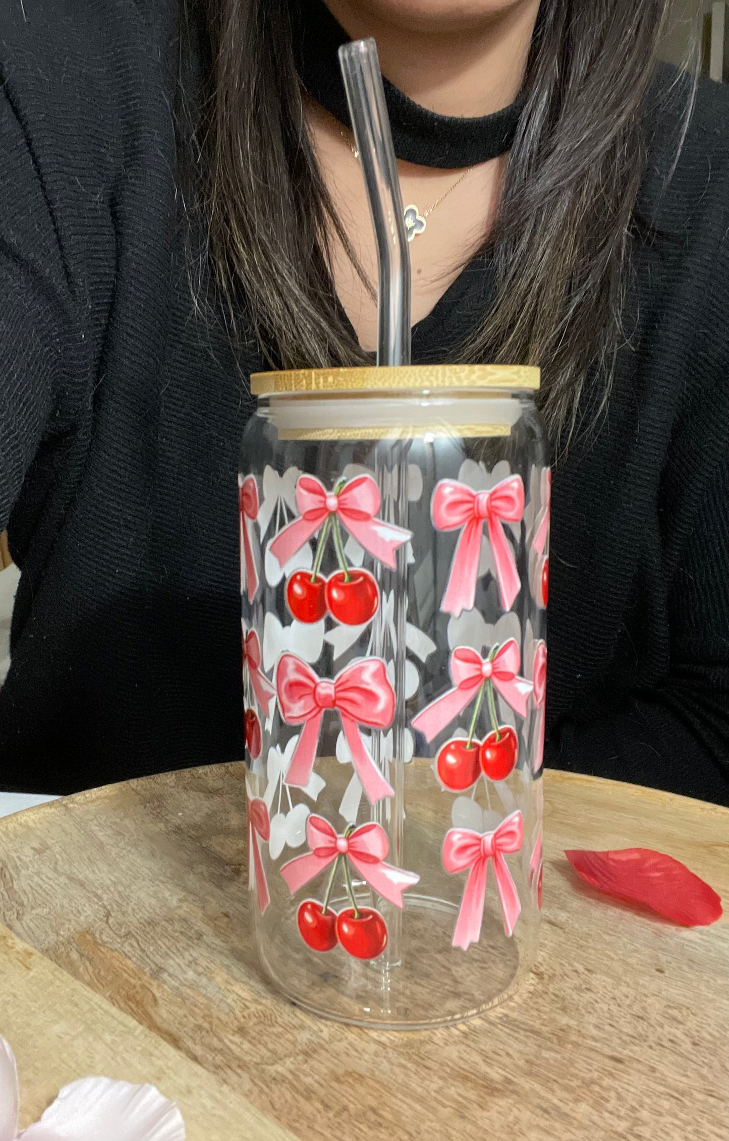 ⭐️ Tasse en verre -  Cerise & Nœud Rose - 16 OZ