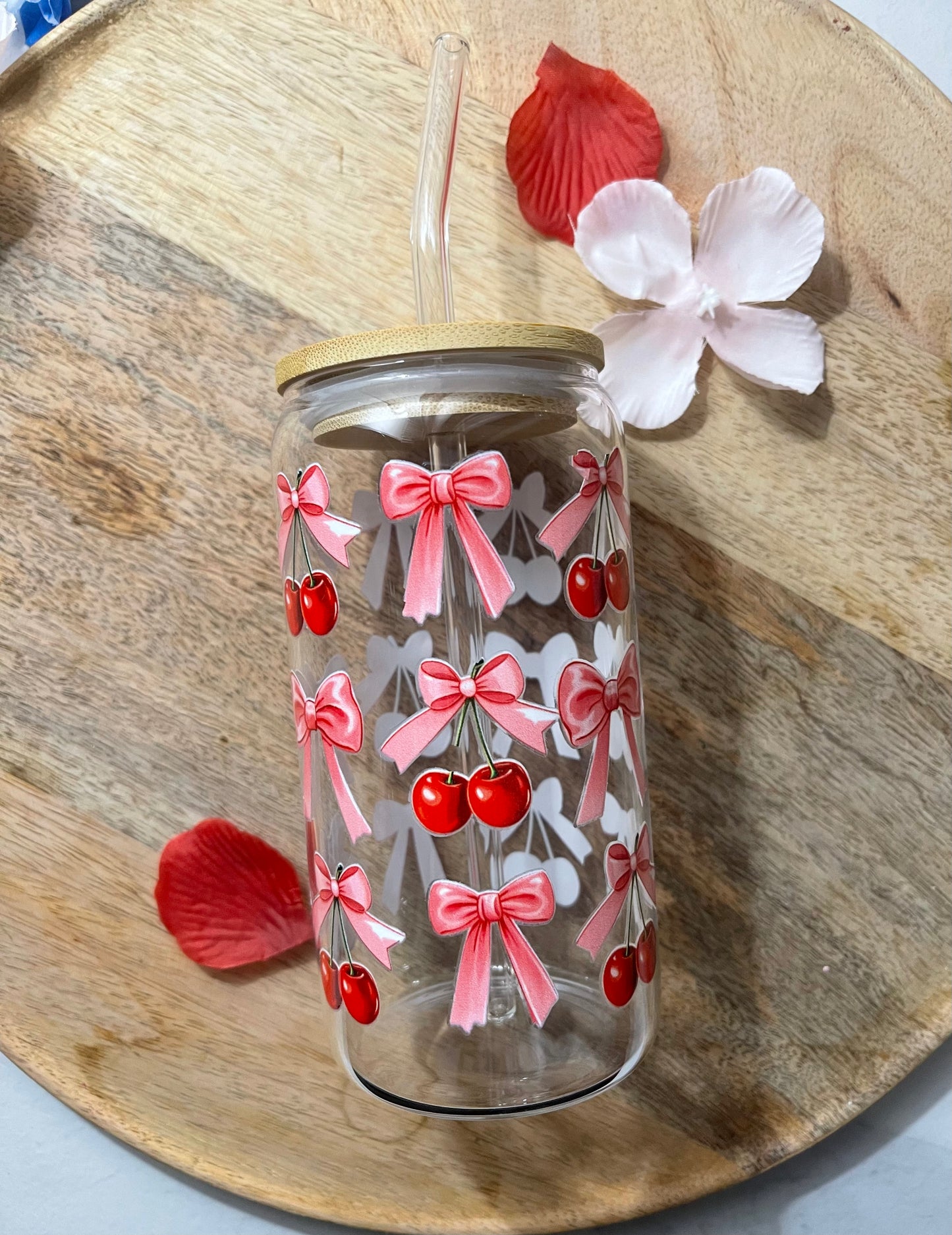 ⭐️ Tasse en verre -  Cerise & Nœud Rose - 16 OZ
